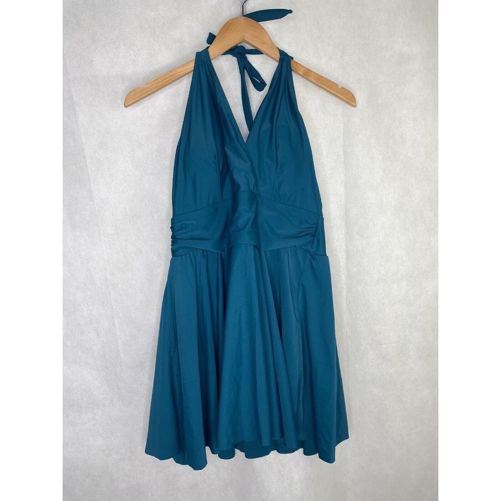 Bloomchic Womens Solid Ruffle Hem Empire Waist Halter Neck Swim Dress Size 14-16
